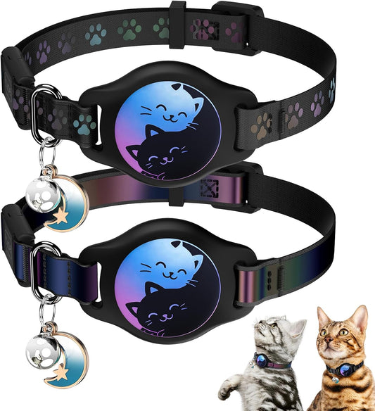 Premium Waterproof Cat Collar with Airtag Holder - 2 Pack Adjustable Breakaway Collars for Kittens, Reflective Design, Black (8-11") with Buckle & Bell