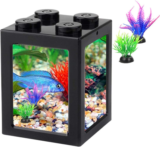 Stylish Mini Betta Fish Tank - Stackable Cube Aquarium with Decor & Ant Feeding Case (Black)