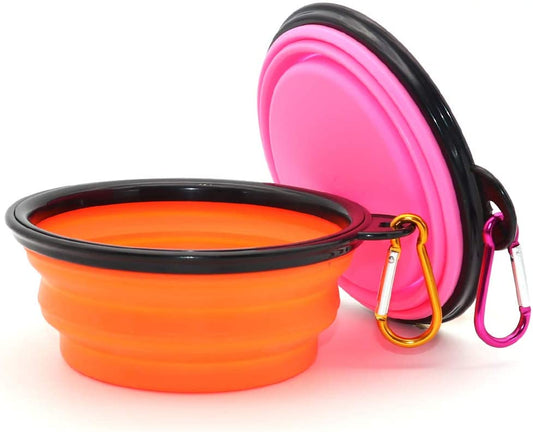 Travel-Friendly Collapsible Dog Bowls - 2 Pack (Orange & Pink) with Carabiners for Easy Feeding & Hydration on the Go!