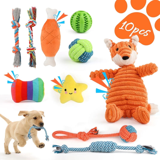 Ultimate 10-Pack Dog Toy Set for Small Dogs - Plush Squeaky, Chew, Treat Ball & Rope Toys for Teething & Training Fun!